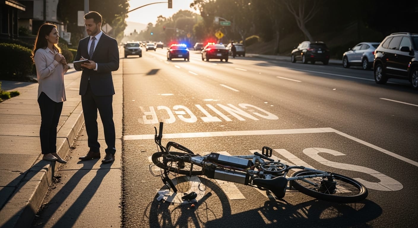 Modified e-bike crash scene on an Orange County street with a family member and attorney reviewing the aftermath