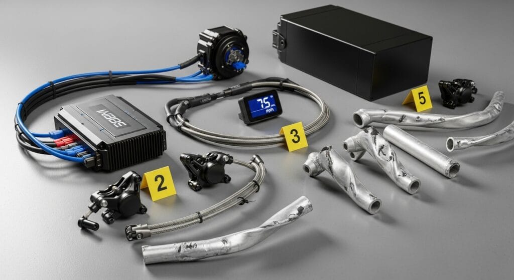 Modified electric bike components and battery system preserved as evidence after an Orange County injury crash
