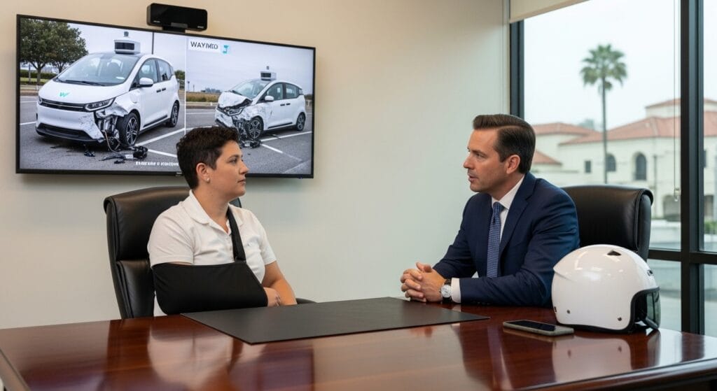 Orange County injury victim meeting with a lawyer after a California robotaxi accident