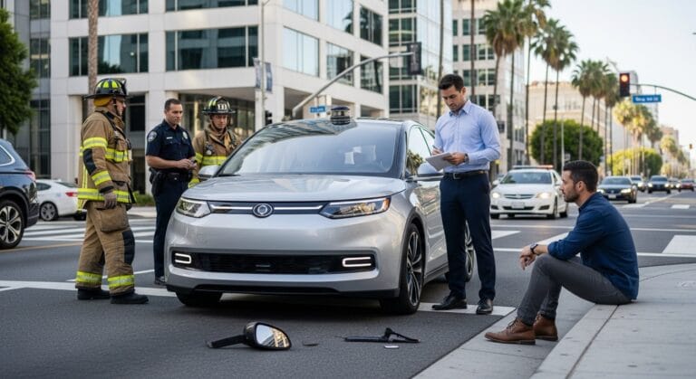 Robotaxi crash scene in California with emergency responders and an injury attorney reviewing the aftermath