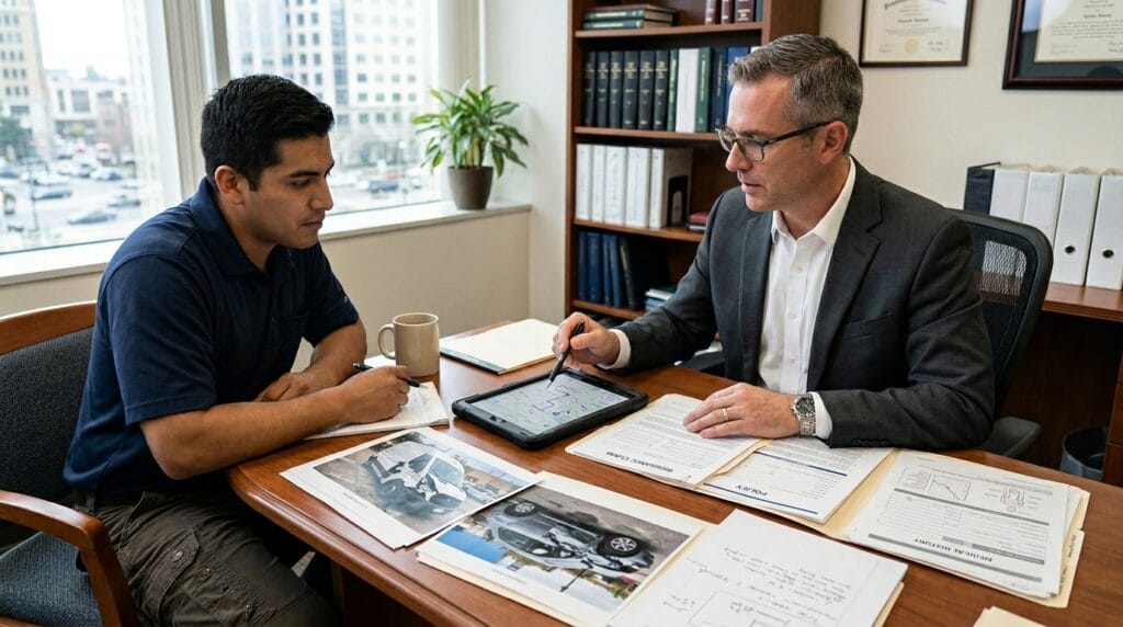 Attorney reviewing delivery accident evidence and insurance records with an injured client