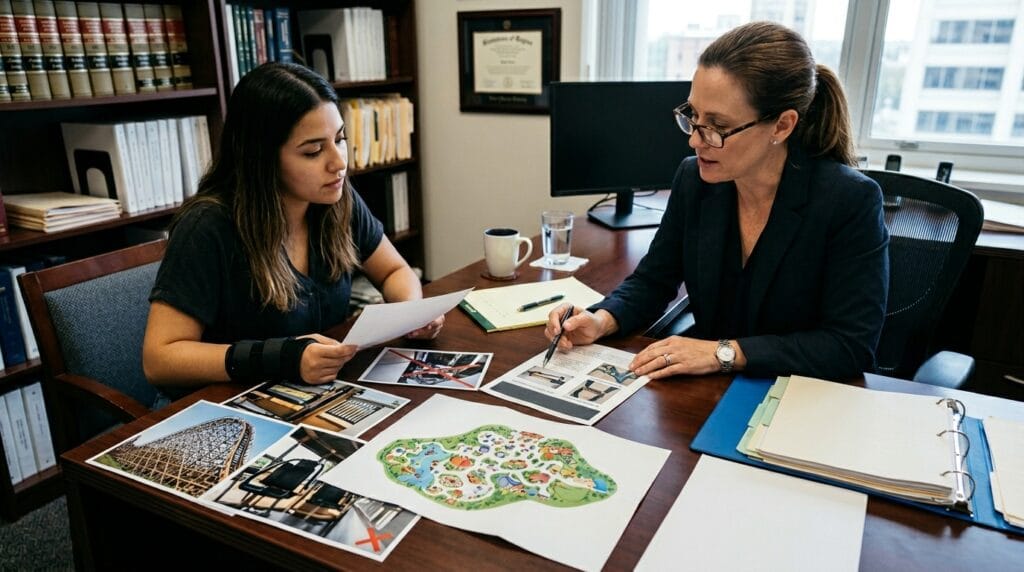 Attorney reviewing theme park injury evidence and medical records with a client