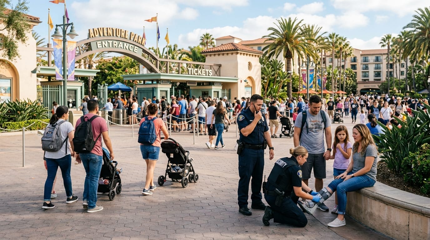 Injured visitor being assisted near a busy Orange County theme park entrance