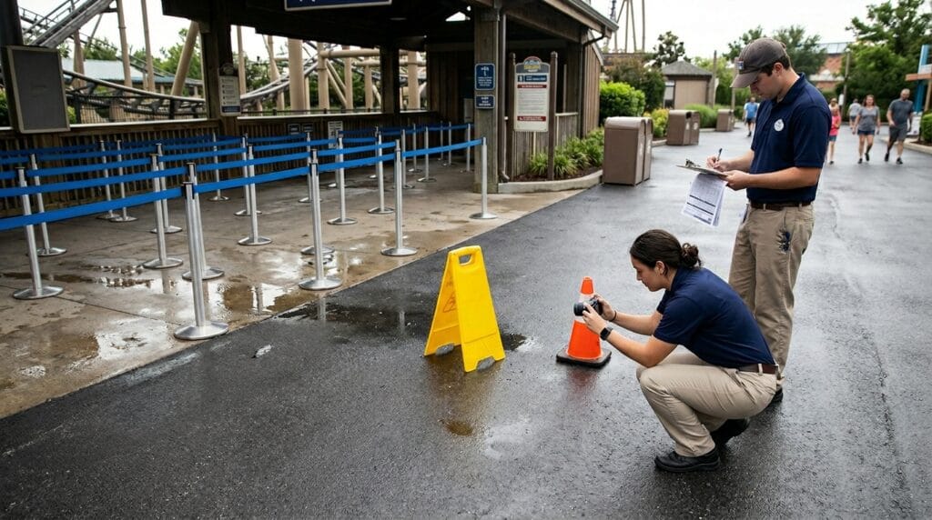 Theme park walkway and queue area where evidence may matter after an injury claim