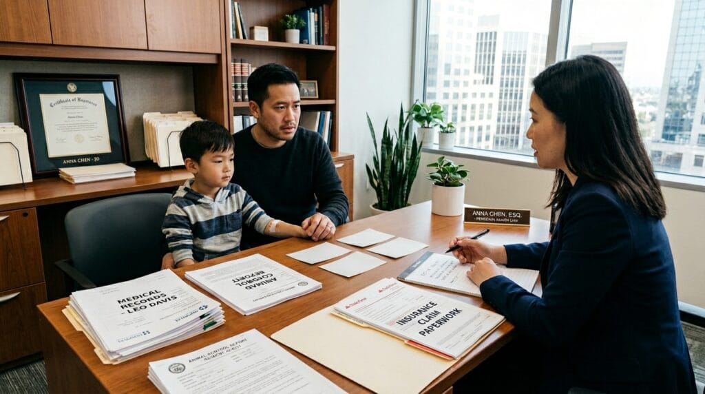 Attorney reviewing Orange County dog bite injury claim evidence with a family