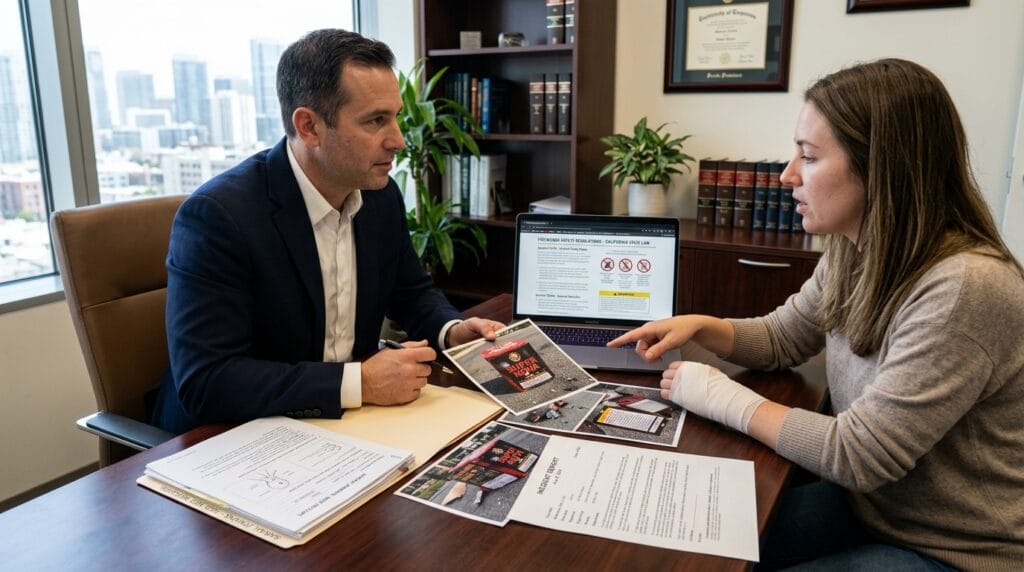 Attorney reviewing Orange County fireworks injury claim evidence with a client