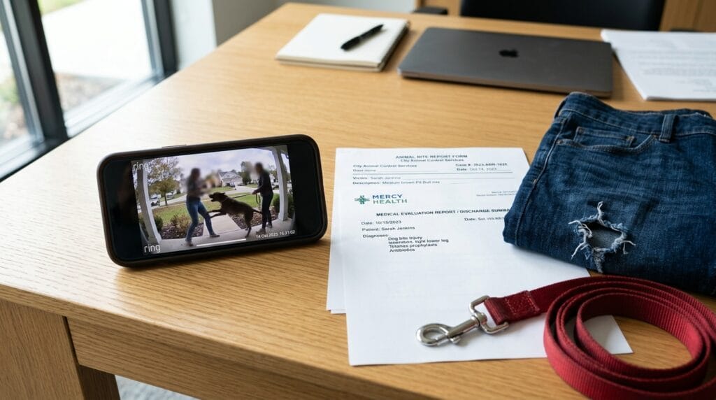Dog bite injury evidence including doorbell video, report form, and medical records