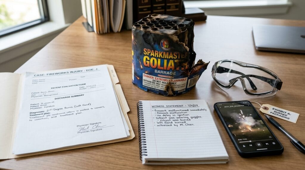 Fireworks injury evidence including packaging, witness notes, video, and medical records