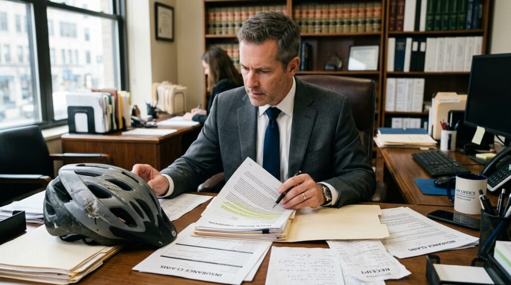 Orange County e-bike liability documents with medical records, product receipt, and insurance papers