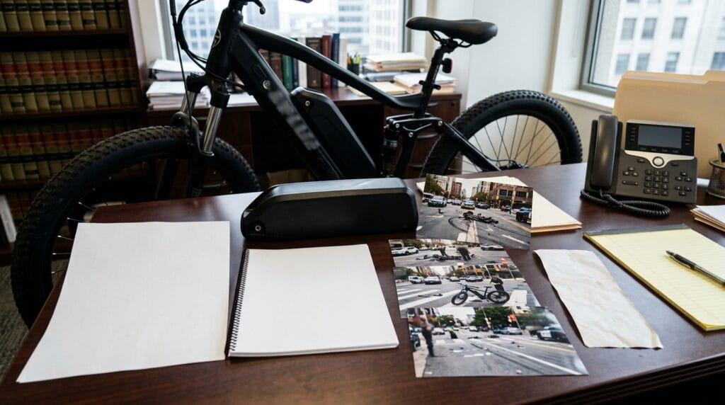 Orange County e-bike liability evidence with product listing, battery label, and crash photos