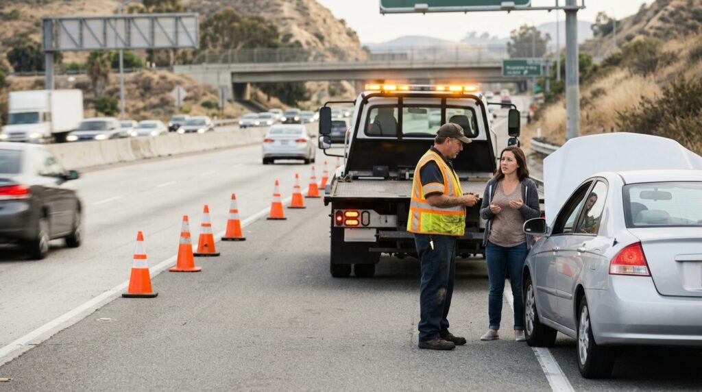 Tow truck operator using roadside warning equipment on an Orange County highway